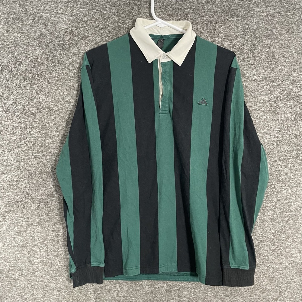Adidas Rugby Polo Shirt Mens Medium Green Black Stripe Long Sleeve Cotton Logo